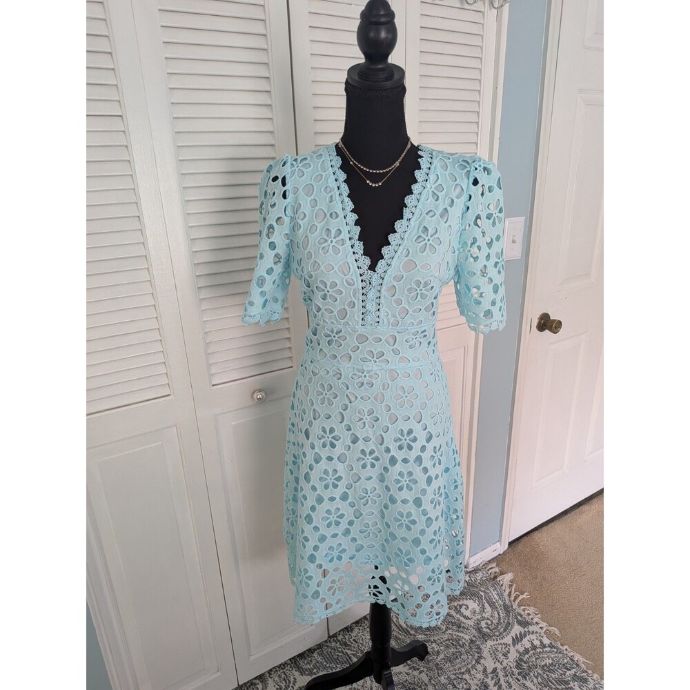 Ticosa Dress Women's M Aqua Blue Floral Open Lace Midi Coquette Romantic Party